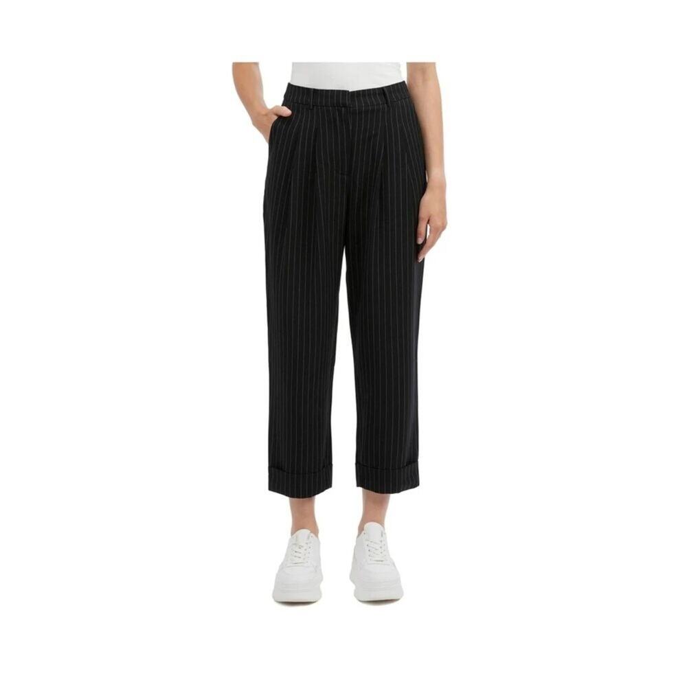 Nvlt Women's Pleated‎ Trouser with Cuffed Hem Pin Stripe Black Size Large NWT